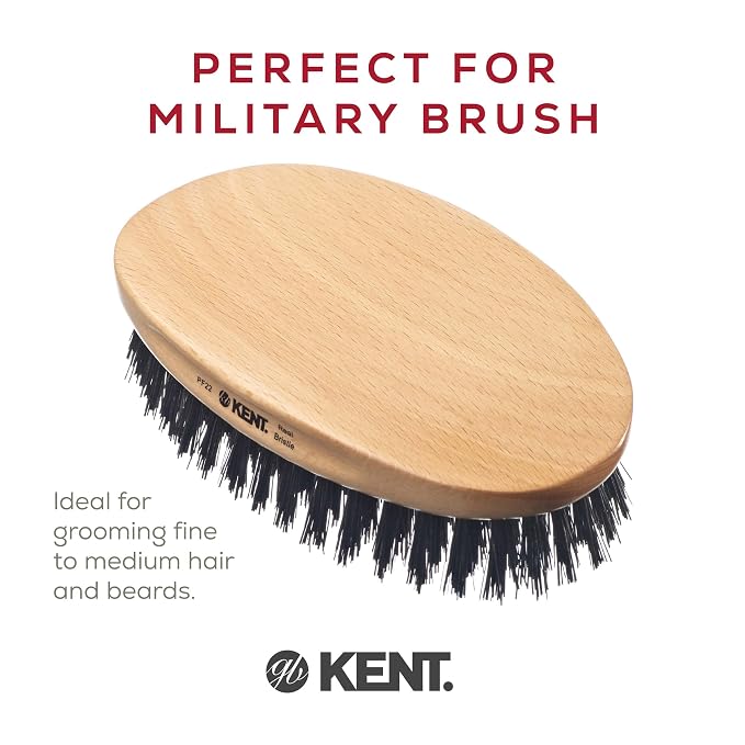 Kent PF22 Oval Black Military Brush - Boar and Nylon Bristle Mix for Men's Grooming, 360 Wave, and Facial Care. Made in England