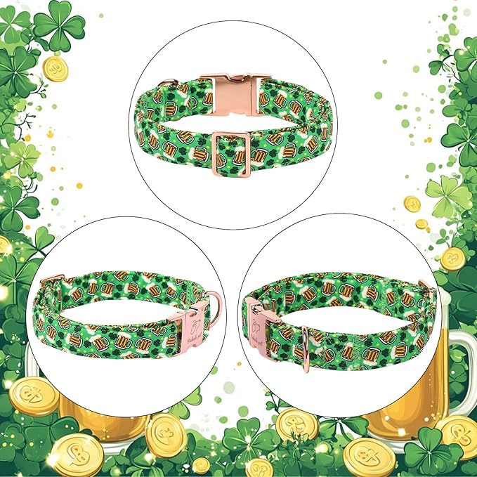 St. Patrick's Day Dog Collar, Beer & Clover Green Dog Collars, Adjustable Heavy Duty Irish Shamrock Pet Collar for Small Medium Large Dogs with Metal Buckle XL