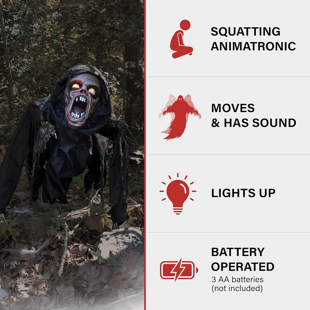Haunted Hill Farm Scary Crouching Zombie, Halloween Animatronic with Touch Activated Lights and Sounds, Battery Operated Indoor or Covered Outdoor Halloween Decorations, Creepy Halloween Props