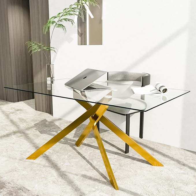 HomVent 51.18"" Rectangular Clear Tempered Glass Dining Table,Stylish Design with Golden Metal Legs, Glass Kitchen Table Glass Dining Room Table Glass Dinner Table for Dining Room, Gold10