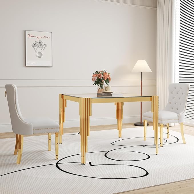 35" Square Glass Dining Table, Modern Tempered Glass Kitchen Table with Stainless Steel Legs for 2-4, Stylish Gold Dinner Table for Home Office, Kitchen, Living Room