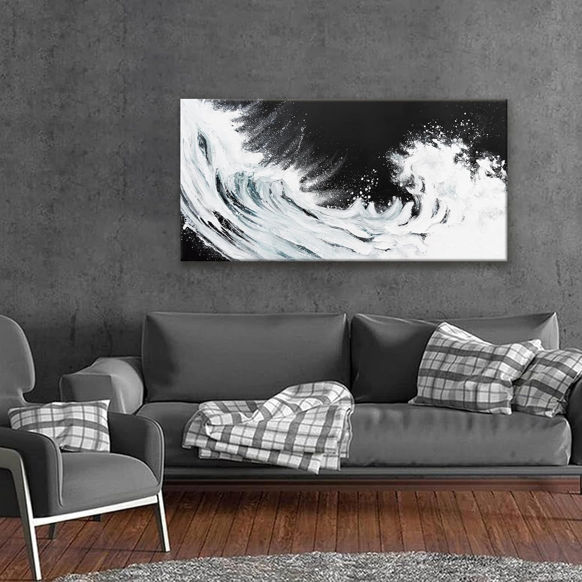 Black Abstract Wall Art Living Room Abstract Painting Wall Decor Modern 24"X 48" Canvas Art Wall Decor Black White Ocean Waves Wall Art Canvas Prints Artwork Pictures For Bedroom Kitchen Artwork
