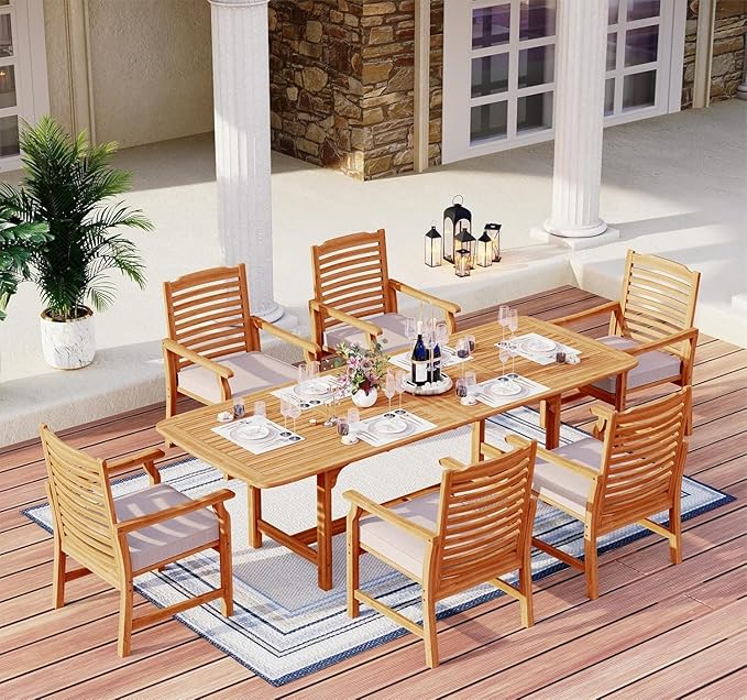 MFSTUDIO 7 Pieces Patio Dining Set, Teak Wood Outdoor Dining Set for 6, 1 x Rectangular Expandable Acacia Wood Table, 6 x Wooden Patio Dining Chairs with Removable Cushions for Backyard, Porch