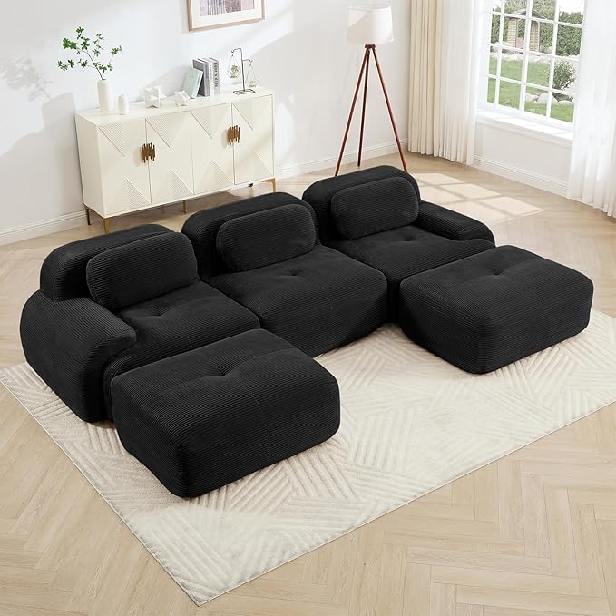 116" Modern Corduroy Cloud Sofa with Ottoman, U Shaped Boneless Modular Large Sectional Couches for Living Room, Black 3 Seater Compressed Memory Foam Couch, Extra Deep Seat, No Assembly