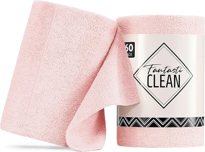 Fantasticlean Microfiber Cleaning Cloth Roll -60 Pack, Tear Away Paperless Towels, 8" x 8", Reusable Washable Rags, for House Kitchen, Pet, Office, Indoor Outdoor, Compact and Portable (Pink)