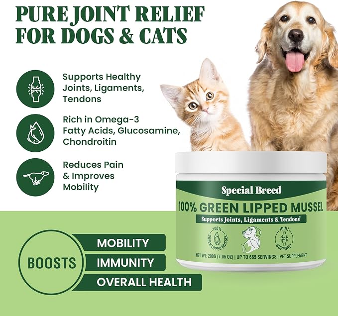 Special Breed Green Lipped Mussel Powder for Dogs & Cats - 100% New Zealand Green Lipped Mussels - Natural Hip & Joint Supplement for Joints, Tendons, Ligaments, Muscles - 200 Grams - 665 Servings