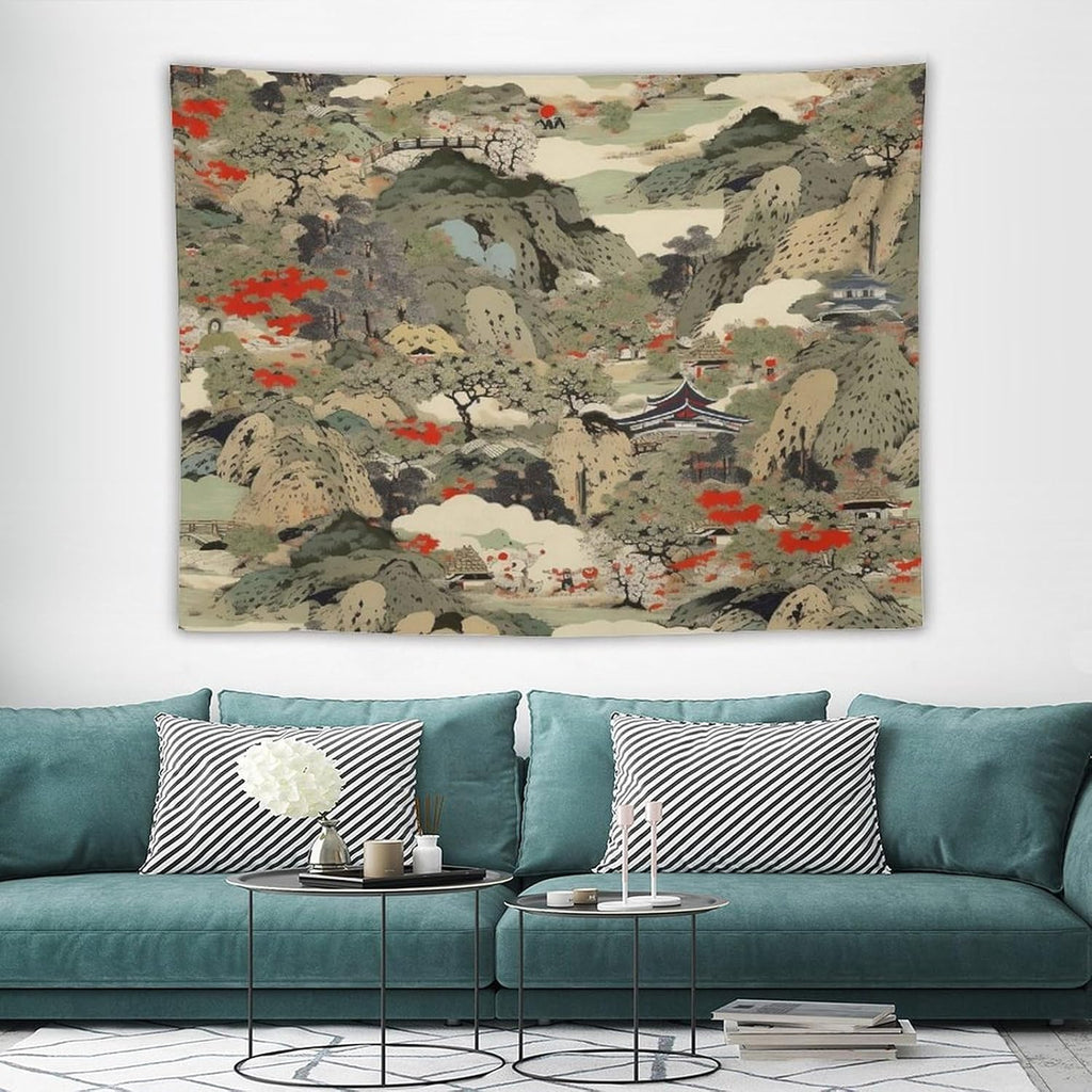 Asian Tapestry,Japanese Red Landscape Asian Watercolor Abstract Art Tapestry, Asian Japanese Wall Tapestry, Nature Landscape Tapestries for Bedroom Living Room Decor 80"x60"