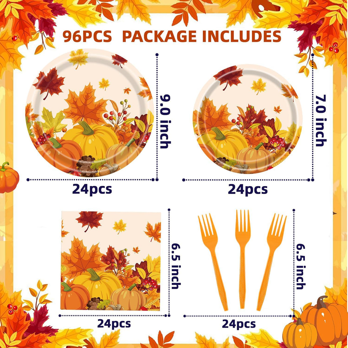 Fall Party Supplies - 96 Pcs Thanksgiving Paper Plates and Napkins, Forks, Pumpkin Autumn Disposable Tableware Set for Harvest Party Decorations