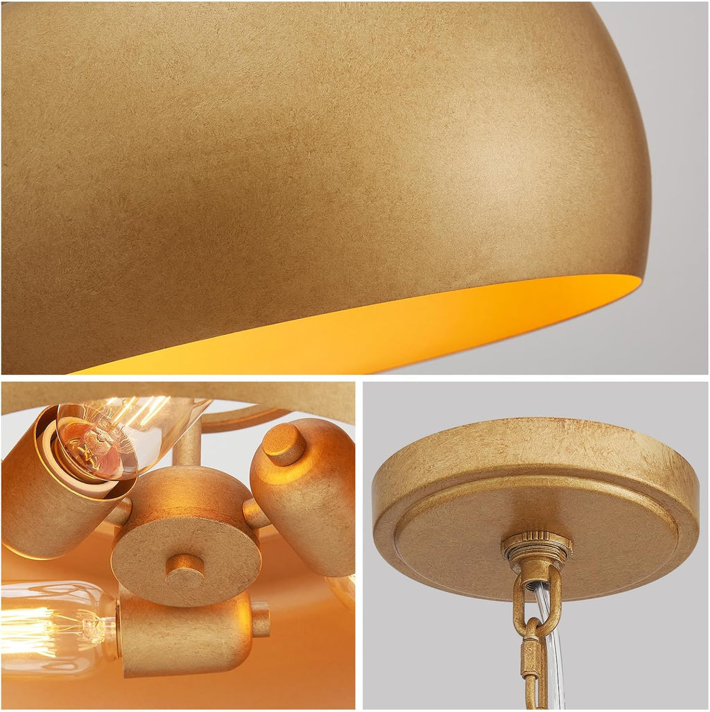 WUZUPS Chandelier Rustic Farmhouse Industrial Round Ceiling Pendant LED Light Fixture with Open Bottom Drum Shade, H 15.7" x W 13.4", Antique Gold