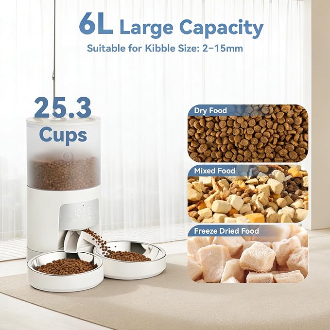 DUMOS 6L Automatic Cat Feeder for 2 Cats, Timed Pet Food Dispenser, Ivory | 2 Stainless Bowls, 10s Voice Call, Dual Power Supply, 6 Meals Per Day, 50 Portions Per Meal, Dual Pet Feeder for Cat and Dog