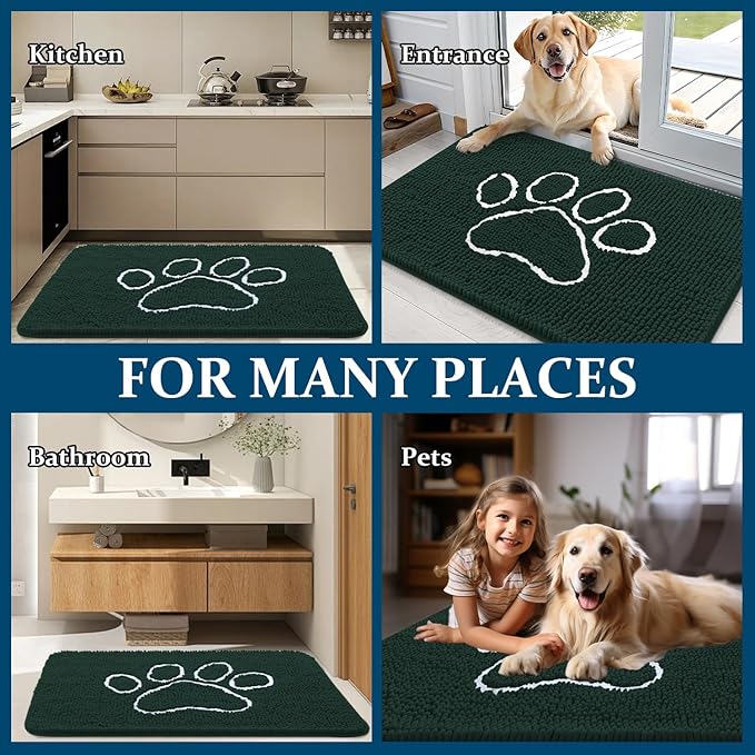 OLANLY Dog Door Mat for Muddy Paws 59x24, Paw Print Design, Absorbs Moisture and Dirt, Absorbent Non-Slip Washable Doormat, Quick Dry Chenille Mud Mat, Entry Indoor Entryway Carpet, Blackish Green