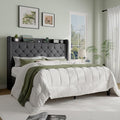 SHA CERLIN Queen Platform Bed Frame with Charging Station, Velvet Wingback Headboard with Storage Shelf, Wooden Slats Support, Ample Under-Bed Space, No Box Spring Needed, Easy Assembly, Dark Grey