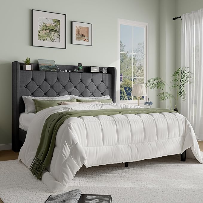SHA CERLIN Queen Platform Bed Frame with Charging Station, Velvet Wingback Headboard with Storage Shelf, Wooden Slats Support, Ample Under-Bed Space, No Box Spring Needed, Easy Assembly, Dark Grey