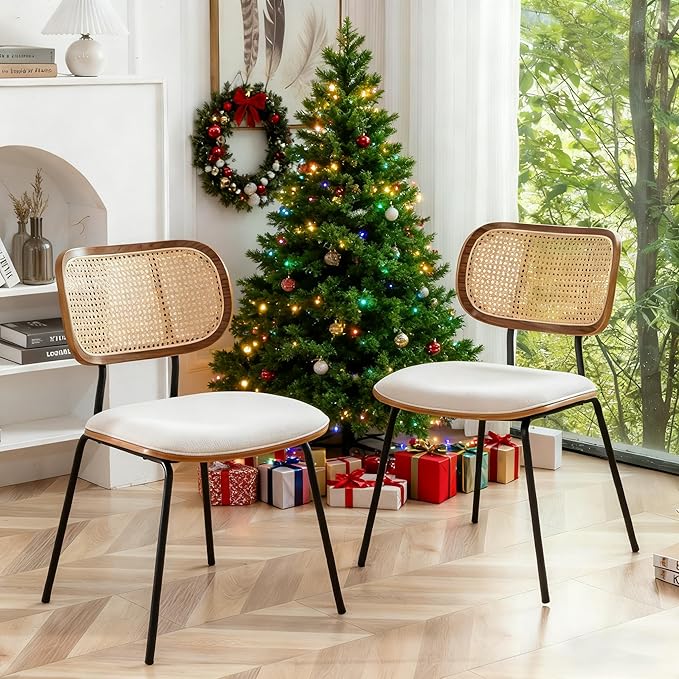 Rattan Dining Chairs Set of 2, Mid Century Modern Dining Chairs with Cane Back for Kitchen Dining Room, 19 Inch Fabric Beige