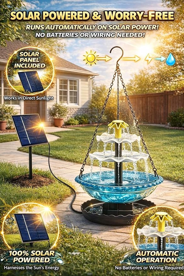 Solar Cascade Hanging Bird Bath Fountain, 2026 New Outdoor Hanging Bird Bath with Solar Fountain, Large Humming Birds Baths Fountains, with Solars Pump & Glass Bowl, for Outdoor, Gardens (#4)