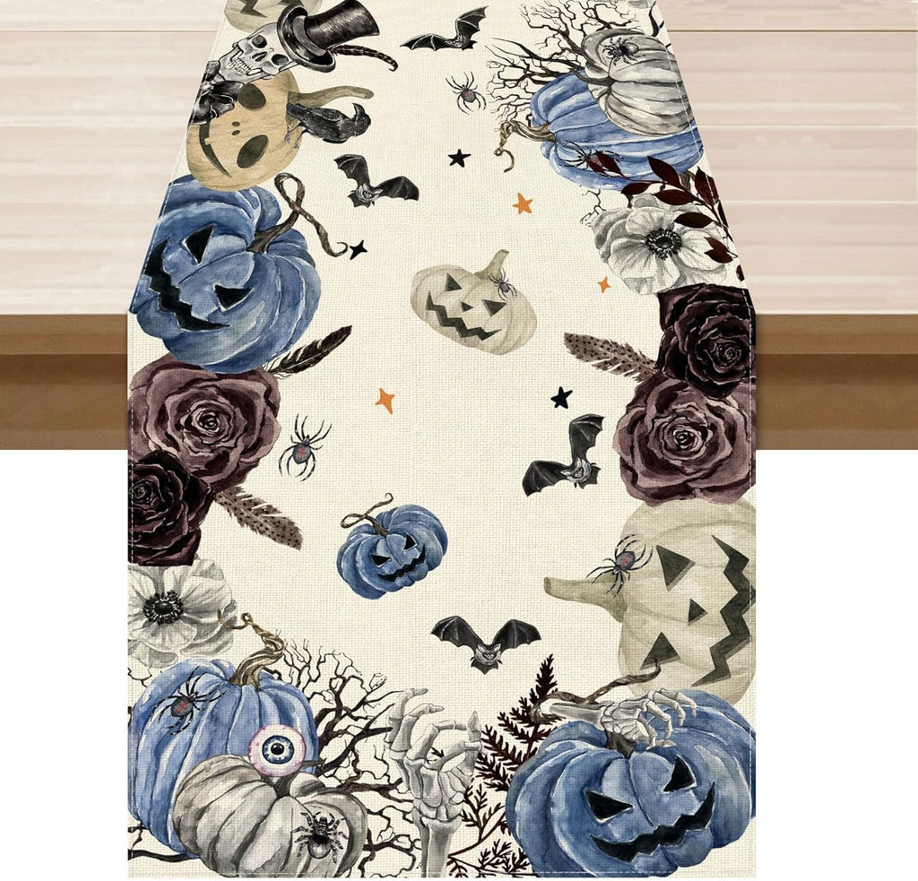 XCHI Spooky Blue Pumpkin Halloween Table Runner Party Table Decoration for Home Kitchen Dining Holiday Decor 13x90 Inch