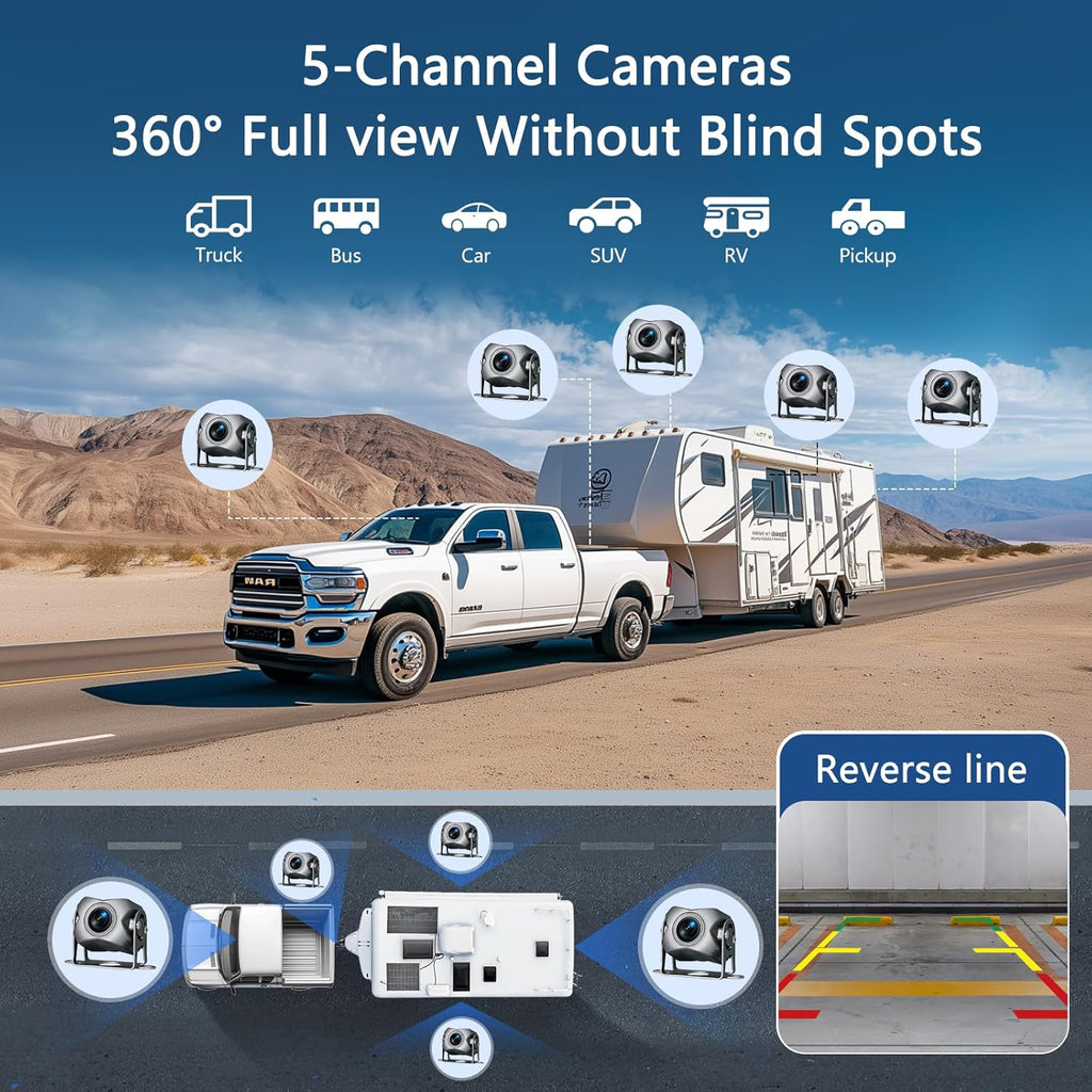 5 Channel Backup Camera System,Carplay & Android Auto,GPS Navigation, Touchable 11 inch Monitor with Loop Recording DVR car Stereo,1080P Rearview Camera for RV/Truck/Trailer Pickup,128GB Card