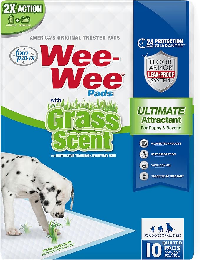 Four Paws Wee-Wee Ultimate Attractant Dog Pee Pads, Grass Scent, 10 Count | Smells like real grass, leak-proof puppy pads, dog housebreaking & potty training, 24-hour floor protection, 22" x 23"