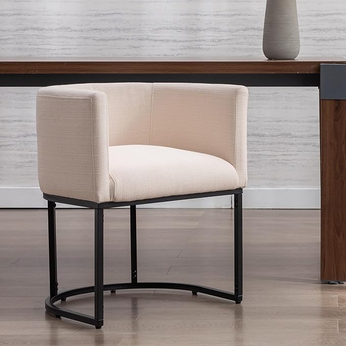 Linen Fabric Dining Chair Modern Barrel Arm Chairs with Black Frame Upholstered Kitchen Chairs 18.5" Wide Accent Chair for Living Room Dining Room Restaurant, Cream