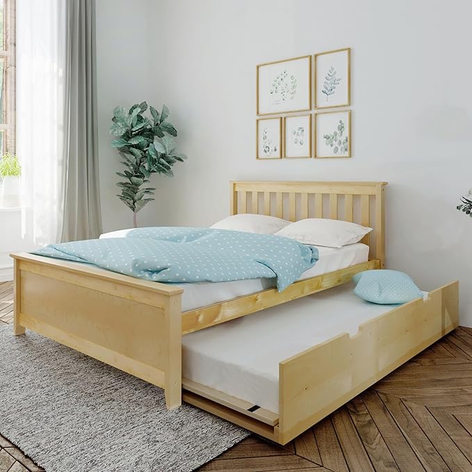 Max & Lily Full Bed, Wood Bed Frame with Headboard For Kids with Trundle, Slatted, Natural
