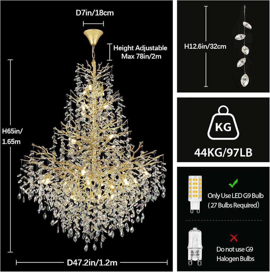 H65'' Gold Tree Branch Crystal High Ceilings Chandeliers, 27-Lights Modern K9 Crystal Staircase Chandeliers, D48'' Foyer Chandelier for High Ceiling, Luxury Large Living Room Chandelier