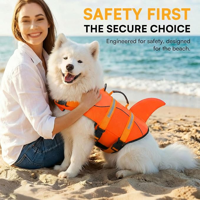 Dog Life Jacket, Dog Life Vest for Swimming, Puppy Shark Swimming Vest with Rescue Handle, Reflective Adjustable Pet Lifesaver Preserver for Small Dogs, Orange S