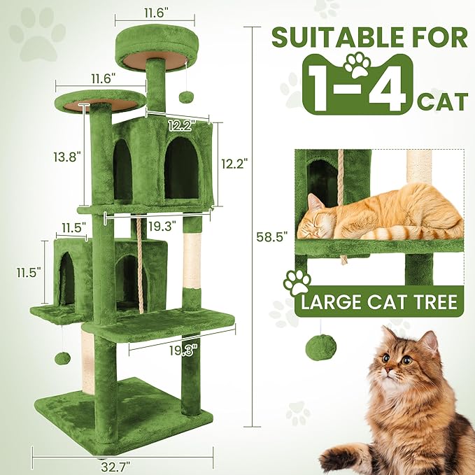 58.5inch Large Cat Tree Tower Condo for Indoor Cats, Soft Plush Multi-Level Climbing Tree Cat House with 1 360° Rotating Cat Cave, Scratching Post, More Entrance/Exit, Sisal Rope, Green