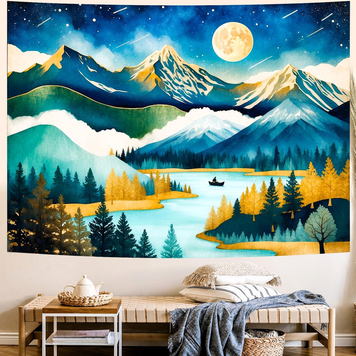 Delur Mountain Tapestry Boho Moon Stars Starry Night Tapestry Wall Hanging Forest Tree Nature Landscape Psychedelic Headboard for Bedroom Living Room Home Decor (59.1" x 78.7")