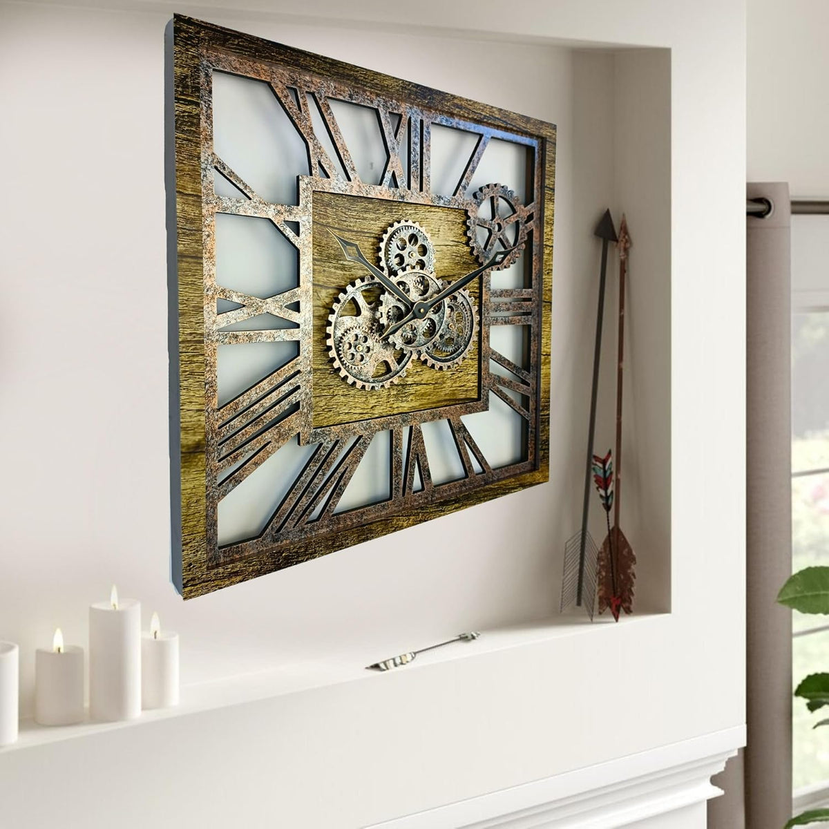 The Gears Clock 24'' Inch Square Real Moving Gear Wall Clock Vintage Industrial Oversized Rustic Farmhouse (Gold Antique)