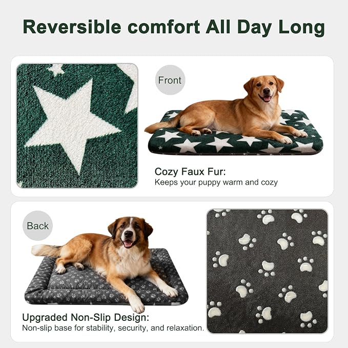 Washable Dog Bed Plush Orthopedic Outdoor Crate Mat with Non-Slip Bottom,Luxe Soft Kennel Pad for Pets, Cozy Cage Cushion & Pet Sleeping Mattress Large Sized,Medium,Small Dogs,36x24 inch,Green