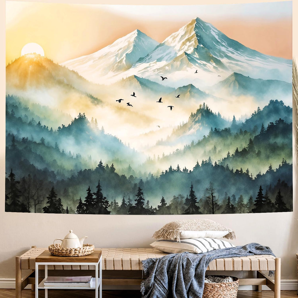 Delur Mountain Tapestry Boho Misty Sunset Forest Tree Tapestry Wall Hanging Sunrise Nature Landscape Psychedelic Headboard for Bedroom Living Room Home Decor (59.1" x 78.7")