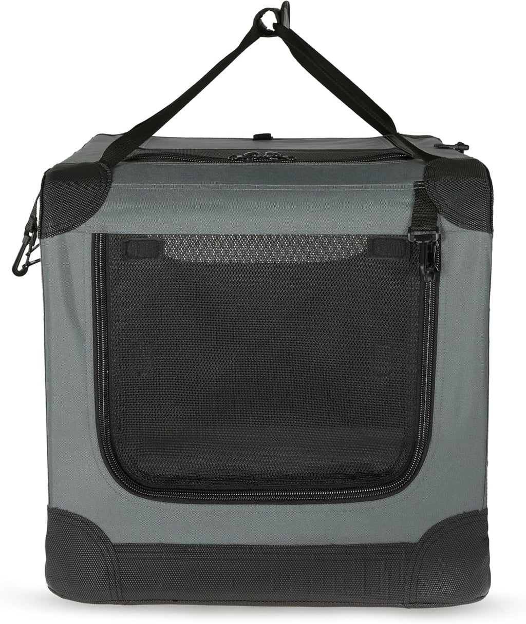 Amazon Basics 4-Doors Portable Soft-Sided Folding Travel Crate Kennel for cat, Dog, and Other Small Animals, Grey, M 30" x 21" x 21"