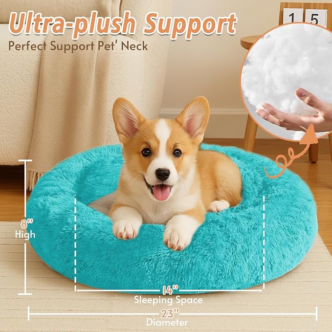 JOLLYVOGUE Calming Dog Bed for Small Dogs - 23 inches Donut Washable Small Dog Bed for Kittens & Puppies, Anti-Slip Round Fluffy Plush Faux Fur Cat Beds (Fits up to 25 lbs Pets, Aqua Blue)