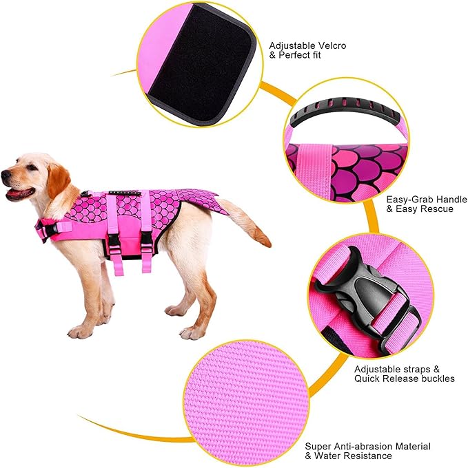 Dog Life Jacket Ripstop Shark Dog Safety Vest Adjustable Preserver with High Buoyancy and Durable Rescue Handle for Small,Medium,Large Dogs, Pink Fish Small