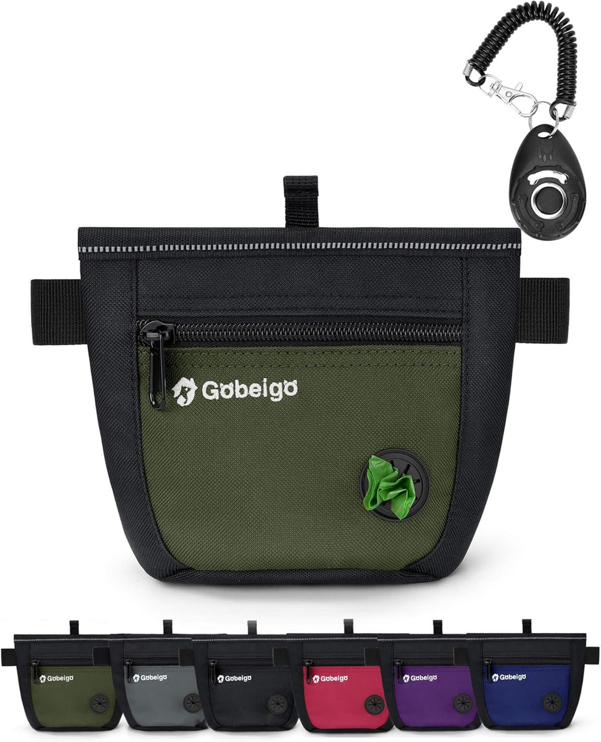 Gobeigo Dog Treat Pouch and Training Clicker, Upgrade Two Magnetic Closure to Prevent Spills, 2 Cup Treat Bag with Poop Bag Dispenser, Metal Clip Waist Belt Fanny Pack for Pet Walk (Black/Army Green)