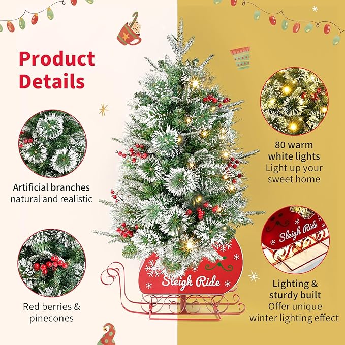 Small 3FT Pre-Lit Snow Flocked Christmas Tree with Twinkling Lights for Home Office Christmas Decor- Battery Operated & Timer (Sleigh Base)