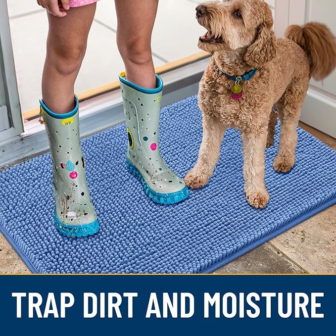 Smiry Dog Door Mat for Muddy Paws 36x24, Absorbs Moisture and Dirt Doormat, Non-Slip Washable Quick Dry Chenille Front Door Mat Indoor Entrance, Entryway Carpet for Inside Floor, Cornflower Blue