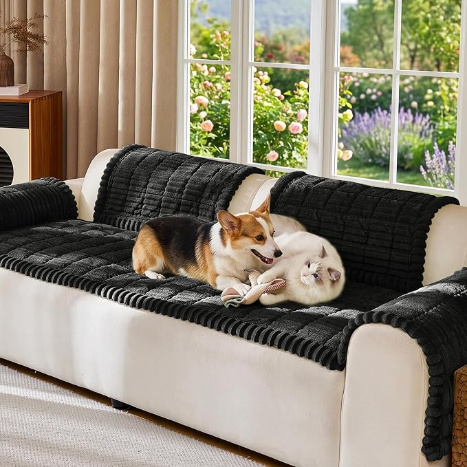FUANGUI Waterproof Armrest Couch Cover for Dogs,27.6" x 27.14", Black | Non-Slip Backrest Cover Recliner Chair Protector, Fuzz Soft Armchair Armrest Cover Washable Couch Covers Sofa Pet Friendly
