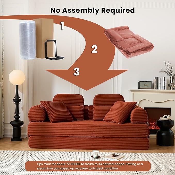 Convertible Sofa Bed,79'' Foldable Sleeper Lounge Modular Couch Comfort Compression Sofa Loveseat for Small Spaces Comfort for Apartment Bedroom (Corduroy Fabric, Orange1)