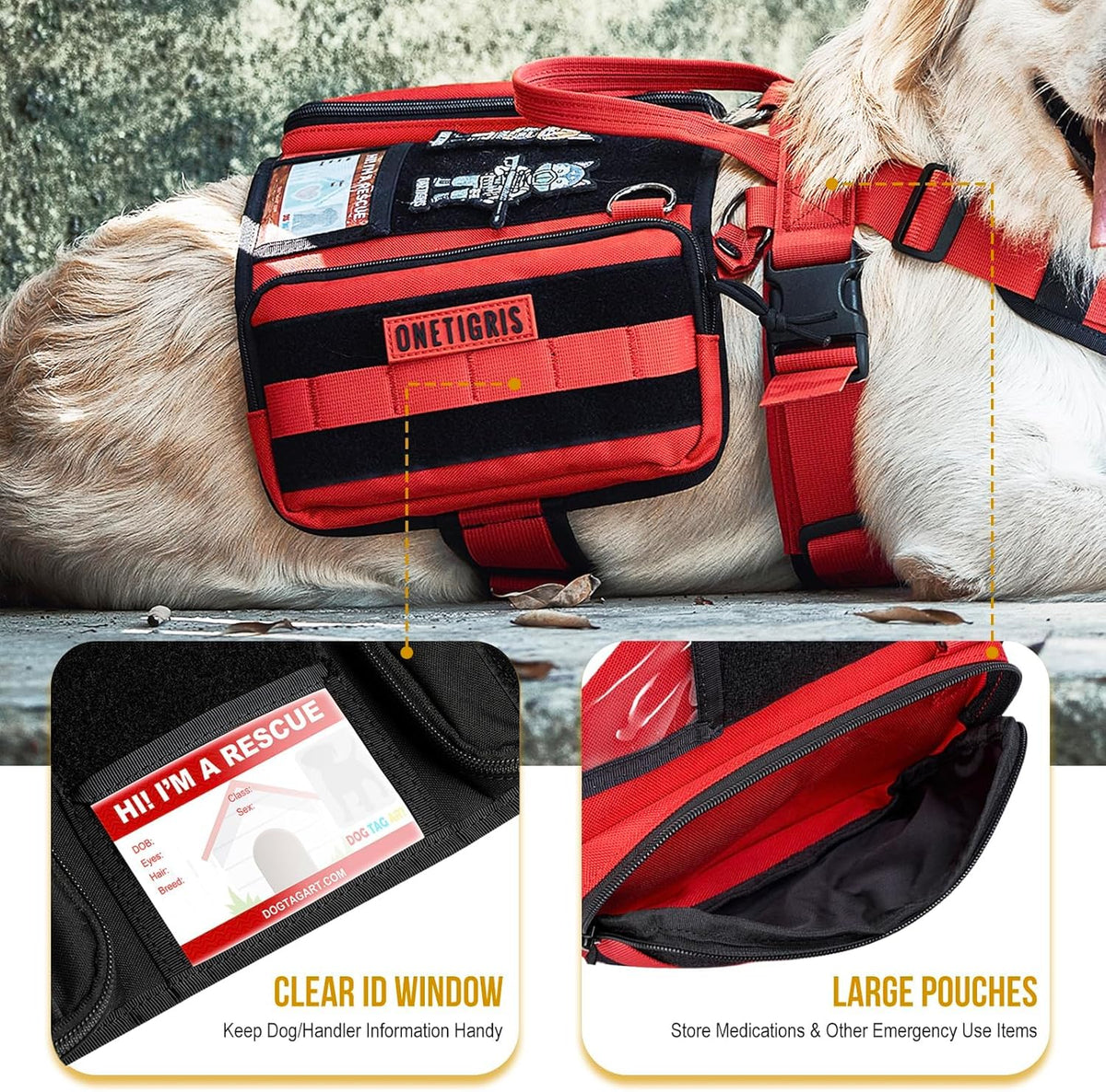 OneTigris Service Dog Vest Harness, Service Dog Cape Guardian Dog Backpack Harness with Pouches Dog Saddle Bag for Small Medium and Large Dogs (Red, Large)
