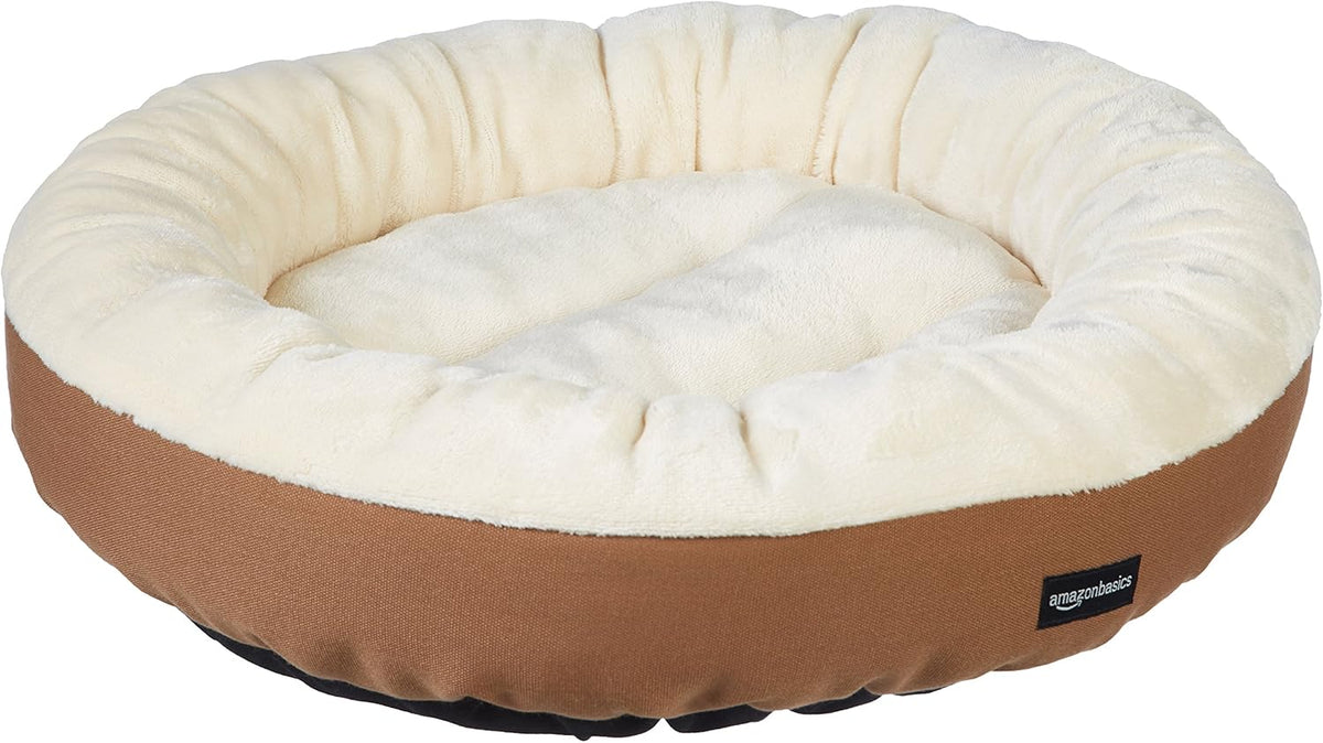 Amazon Basics Round Bolster Pet Bed for Dog or Cat with Flannel Top, 20.0" L x 20.0" W x 8.0" Th, Brown and Ivory