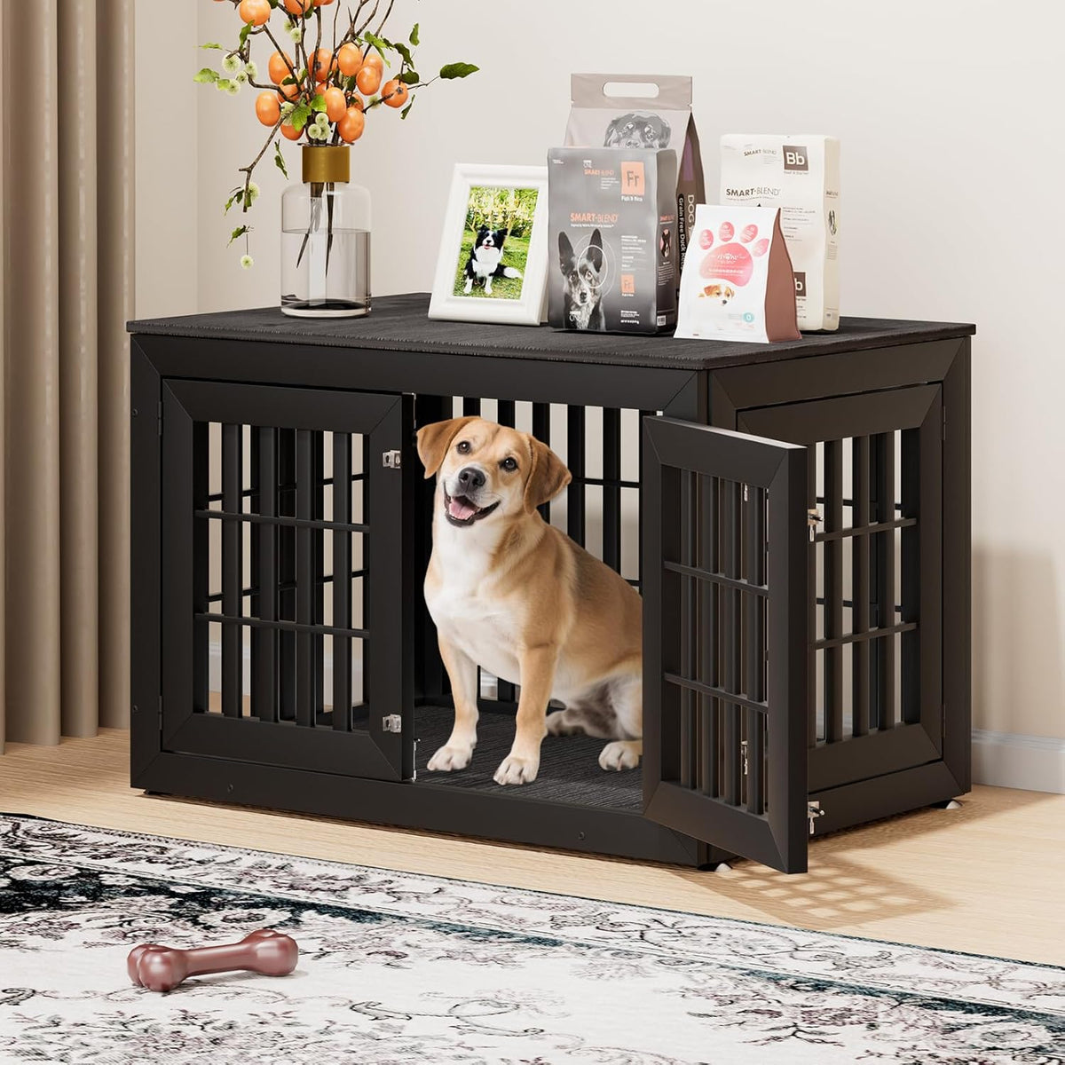 42" Heavy Duty Dog Crate Furniture for Small,Medium and Large Dogs,Rustic Wooden Dog Cage Kennel Indoor Furniture with Waterproof Top,Decorative Pet House Side End Table (Black & Grey)