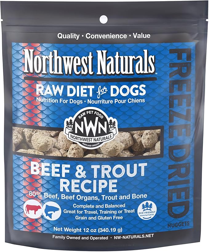 Northwest Naturals Freeze-Dried Beef & Trout Dog Food - Bite-Sized Nuggets - Grain-Free, High-Protein, Raw Diet, Human-Grade Ingredients, All Natural, Omega-3 for Skin & Coat, Made in USA, 12 Oz
