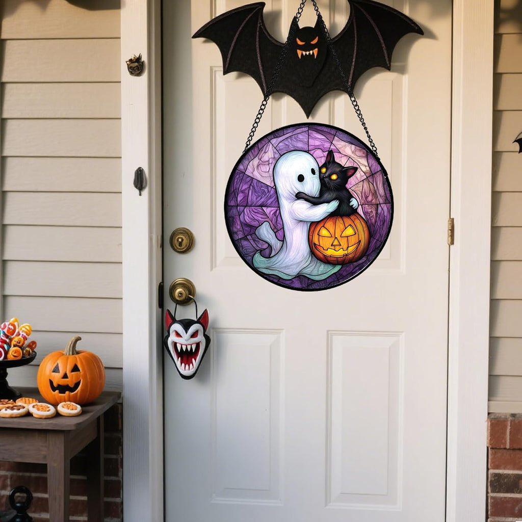 Stained Glass Window Hanging - Halloween Decorations Ghost Black Cat Pumpkin Suncatcher for Door Garden Spooky Purple Sun Catchers Gothic Decor Horror Gifts for Women Men Friend Boy 15 in