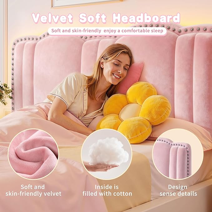 EnHomee Twin Bed Frame with Velvet Cloud Headboard, Storage Drawer and LED, Headboard Height Adjustable, Strong Support, No Box Spring Needed, Easy Assembly, Pink