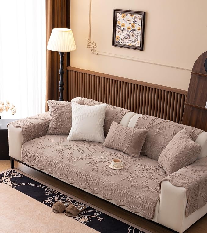 Fuzzy Rabbit Plush Sofa Cover Cozy Warm Sofa Couch Covers with 3D Jacquard Leaf Pattern Non-Slip Easy-to-Install Shaggy Sofa Slipcover Prefect for Kids Dogs Cats Cats(Cream Coffee,36"x102")