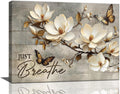 Floral Magnolia Bathroom Pictures Wall Art, Just Breathe Bathroom Wall Decor, Flower Butterfly Framed Painting Canvas Artwork for Bedroom Living Room Decorations 16"L x 12"W