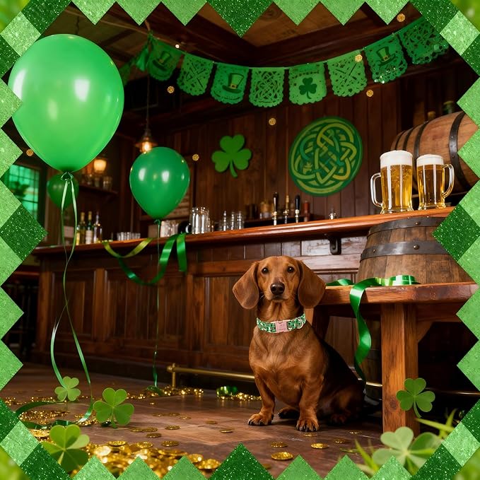 St. Patrick's Day Dog Collar, Beer & Clover Green Dog Collars, Adjustable Heavy Duty Irish Shamrock Pet Collar for Small Medium Large Dogs with Metal Buckle XL
