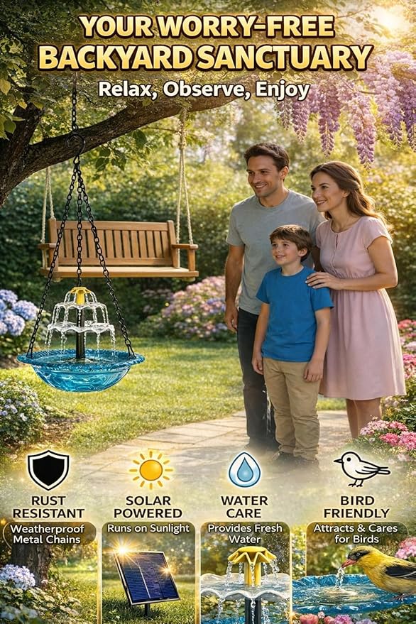 Solar Cascade Hanging Bird Bath Fountain, 2026 New Outdoor Hanging Bird Bath with Solar Fountain, Large Humming Birds Baths Fountains, with Solars Pump & Glass Bowl, for Outdoor, Gardens (#1)