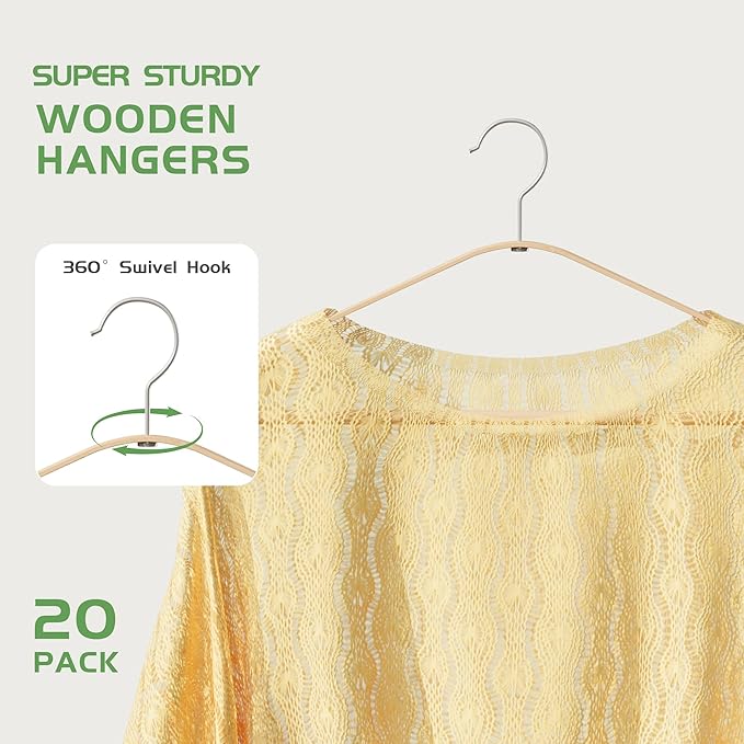 Bamboo Hangers 20 Pack - Durable & Slim Coat Hanger - Suit Hangers with 360-Degree Rotatable Hook, Suit Hangers for Clothes, Jacket, Shirt, Tank Top, Pant (Natural-1, 20)